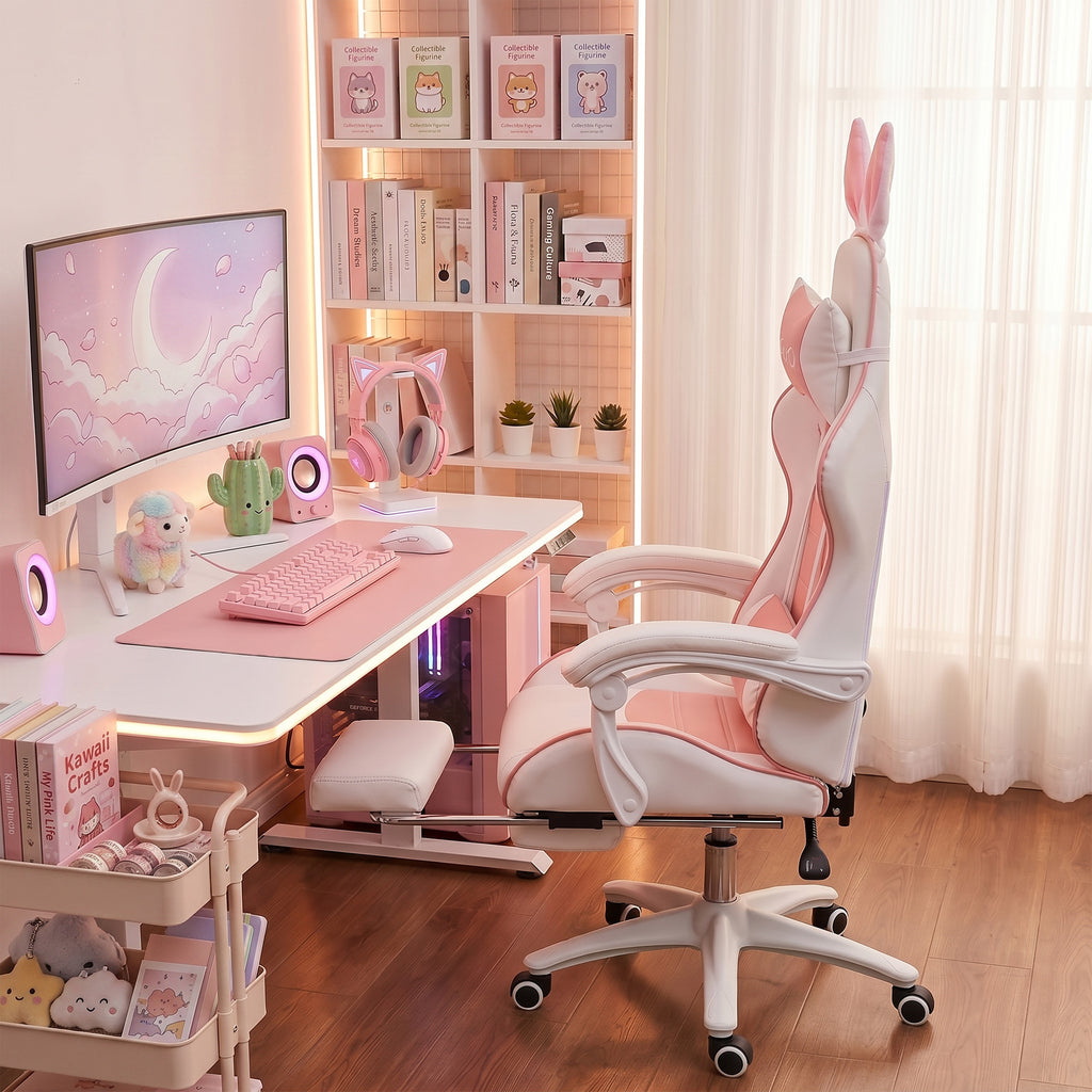 Chaise de gaming avec support lombaire, hauteur réglable, dossier inclinable, oreilles de lapin et appui-tête, rose-8