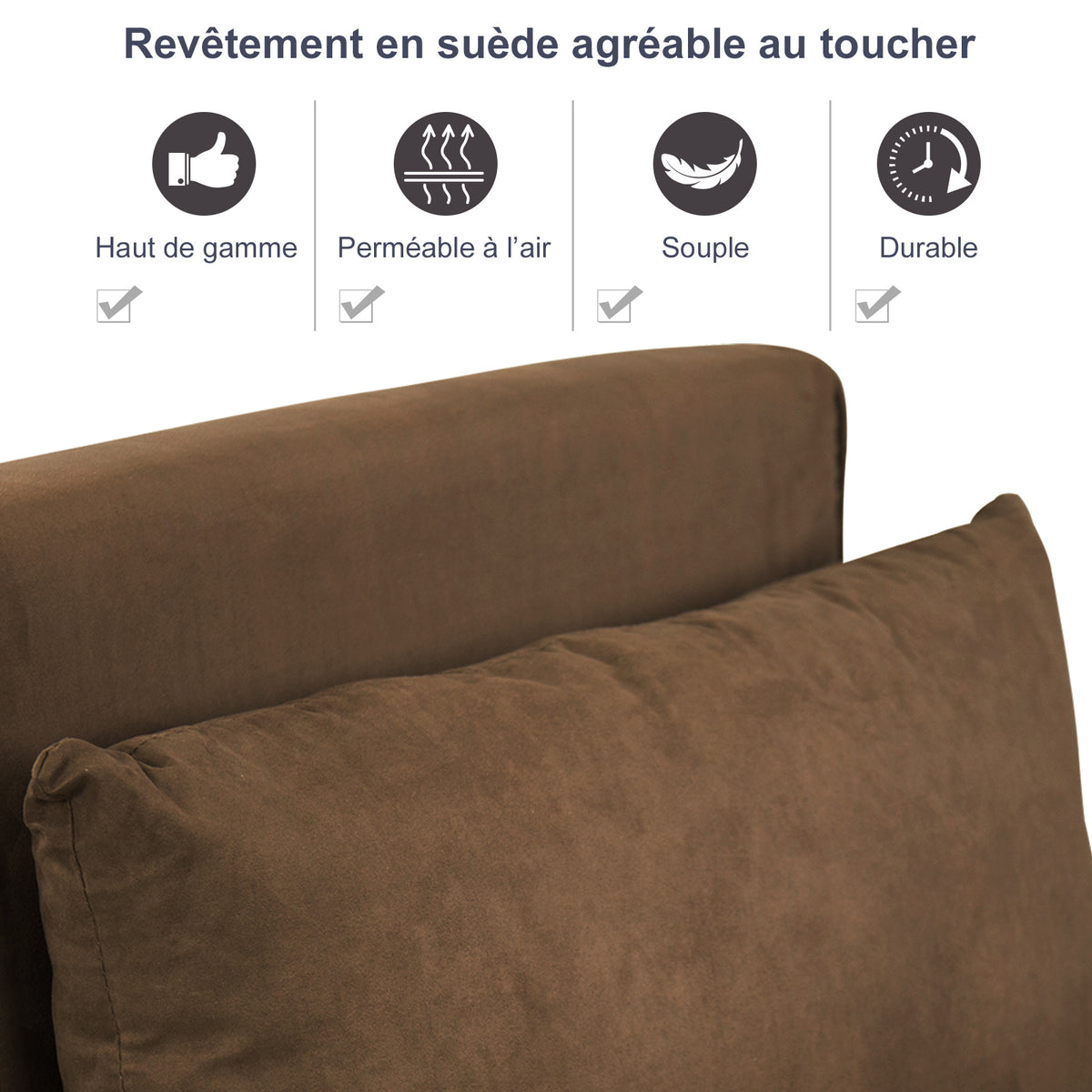 Fauteuil chauffeuse canapé-lit Convertible 1 Place déhoussable Grand Confort Coussin Pieds accoudoirs métal suède Marron-3