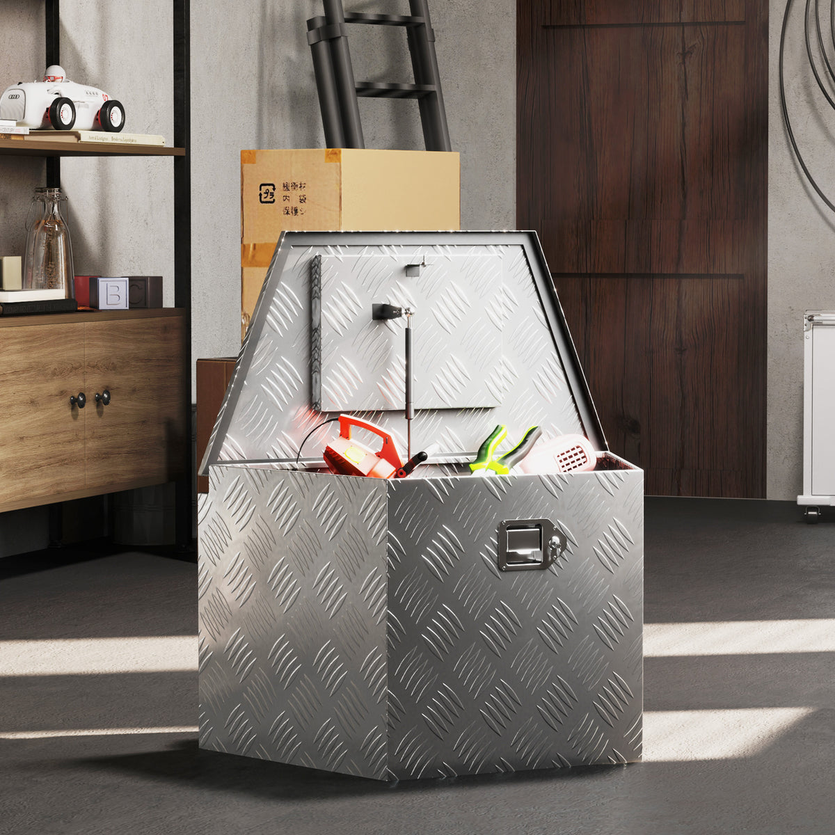 Boîte à outils pour remorque boîte de rangement en aluminium verrouillable en forme trapézoïdal 73,7 x 41 x 46 cm argent-9