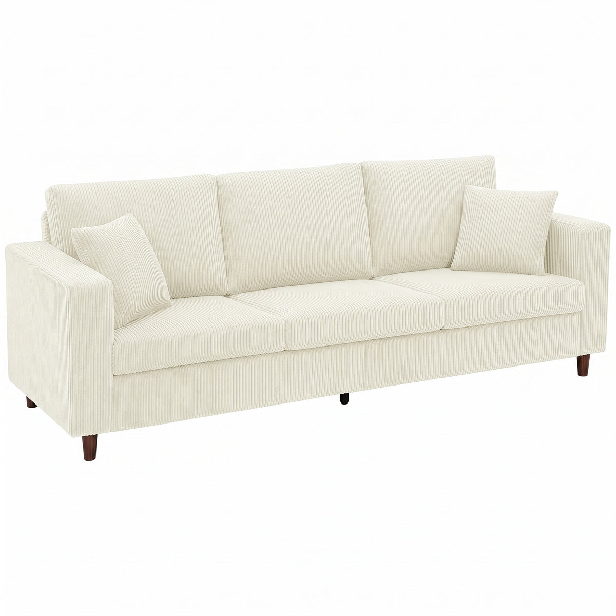 Canapé 3 Places en Velours Côtelé, Canapé de Salon Moderne 225 cm, Assise Large, Coussin à Ressorts, Crème-0