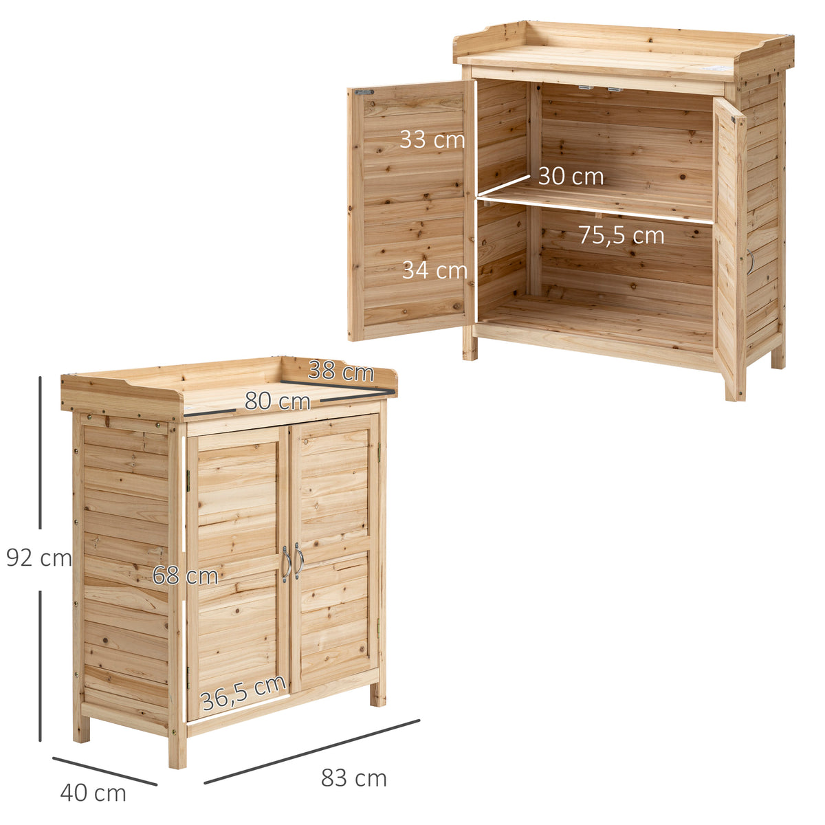 Armoire de jardin remise pour outils sur pied placard avec double porte et étagère interne en bois massif sapin pré-huilé dim. 83L x 40l x 92H cm naturel-2