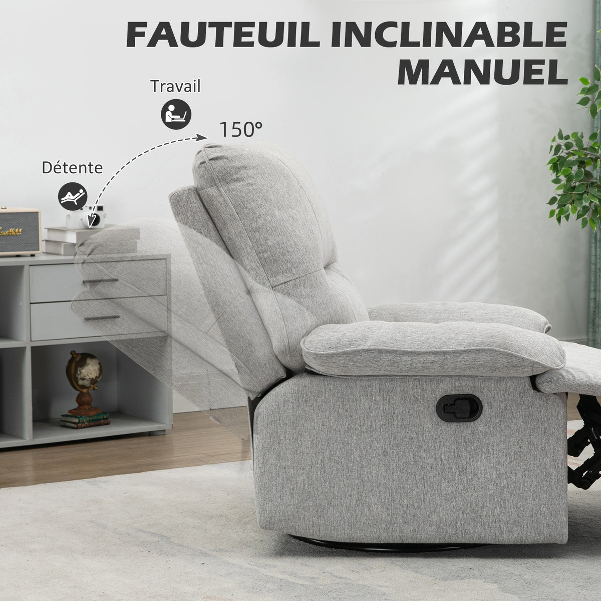 Fauteuil de relaxation inclinable manuellement avec repose-pied ajustable tissu aspect lin gris clair-3
