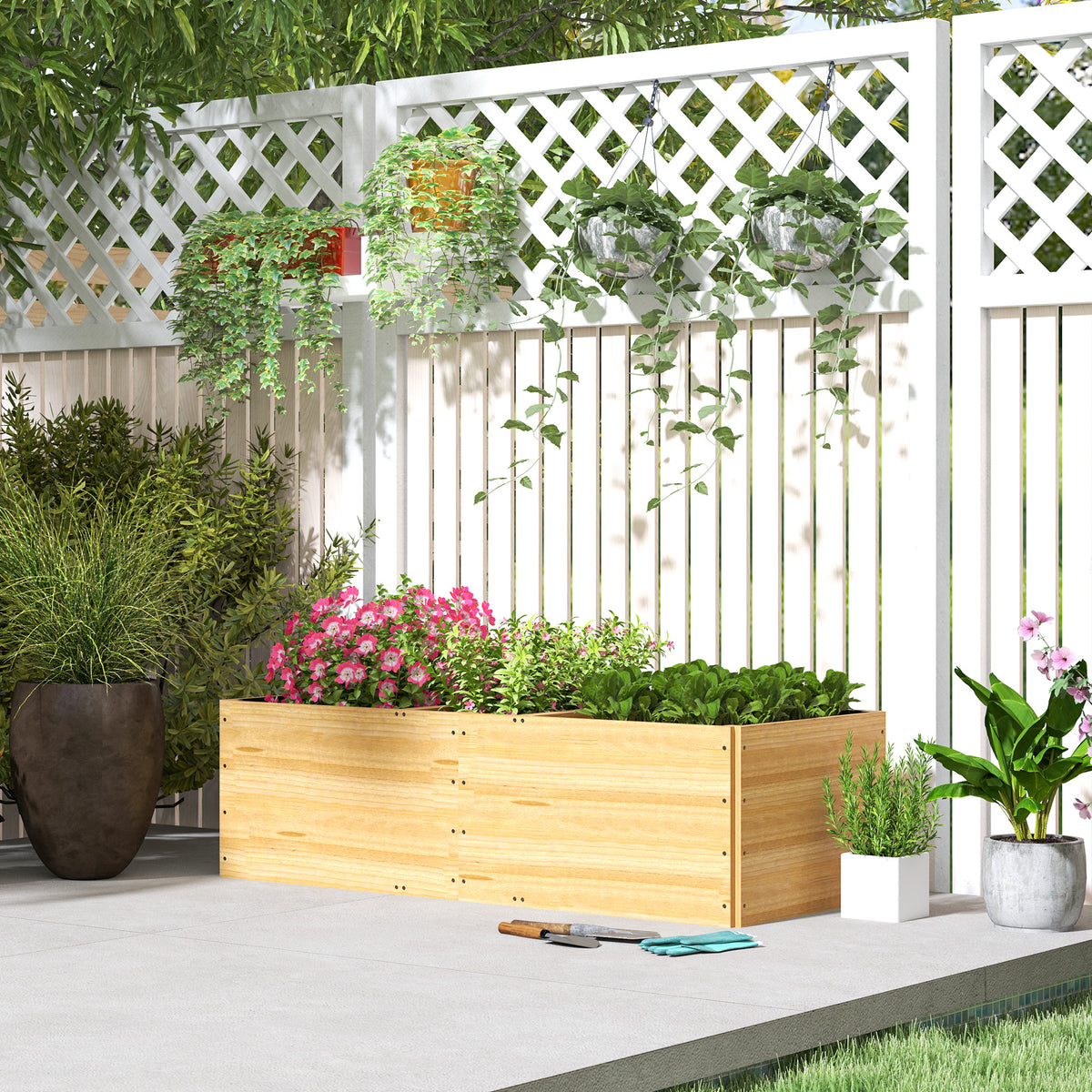 Jardinière extérieur, carré potager en bois, 3 compartiments de plantation et doublure inclus, 140x60x40cm, naturel-1