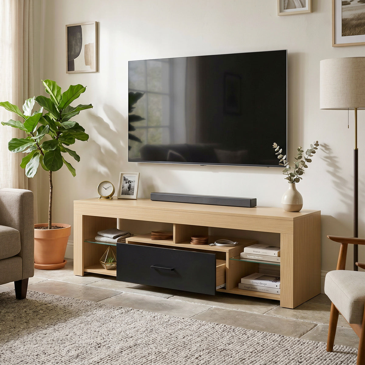 Meuble TV 140 cm, Meuble Télé pour 65 Pouces avec Étagères en Verre Réglables, Tiroir et Compartiments Ouverts, Chêne-1