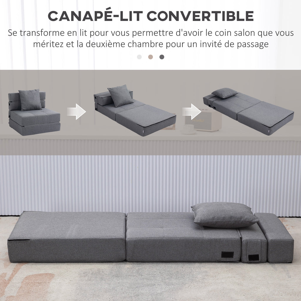 Chauffeuse canapé-lit convertible fauteuil 1 place avec 1 coussin déhoussable, tissu gris-3