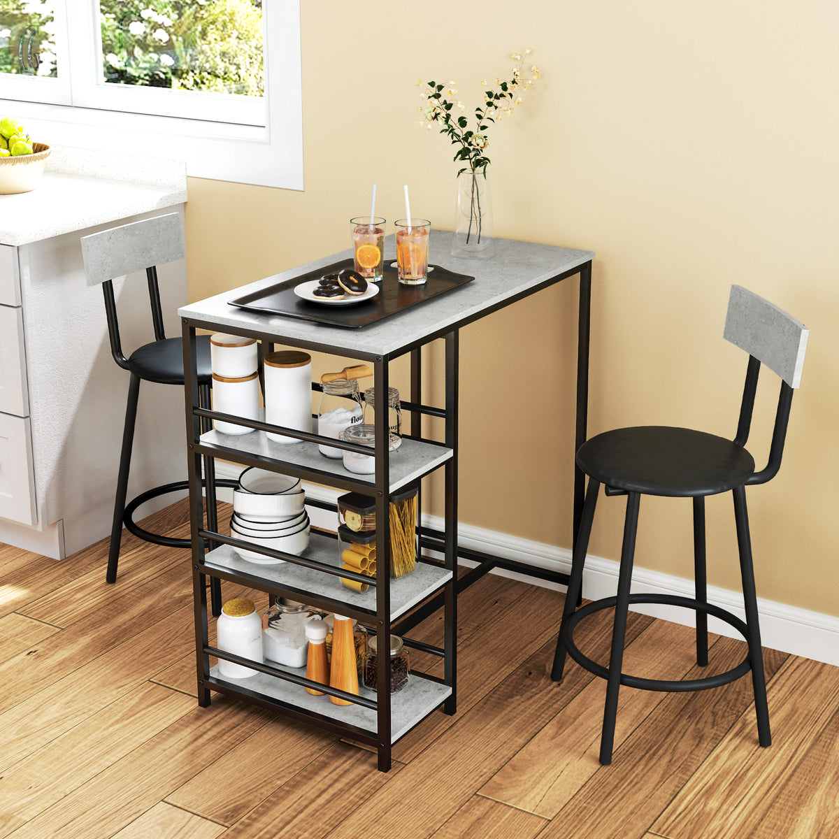 Ensemble table de bar avec 2 tabourets et étagères de rangement pour salle à manger, cuisine, gris et noir-9