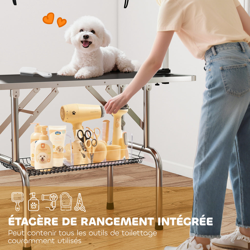 Table de toilettage pour chien pliante potence H-forme inox réglable 2 sangles panier 107 x 60 x 164 cm noir-7