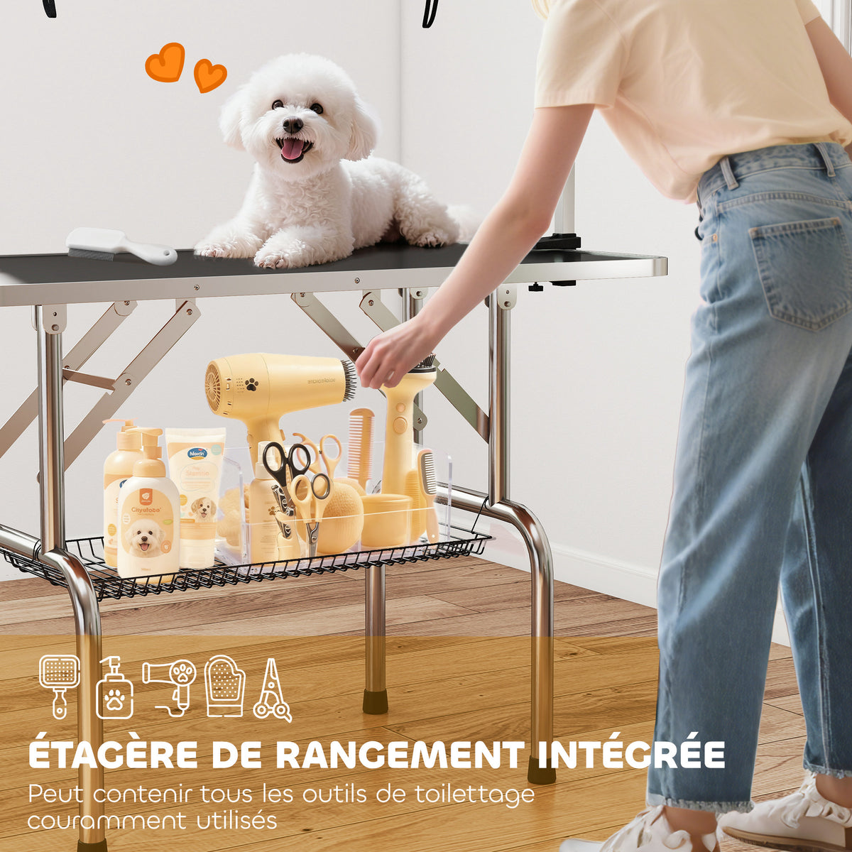 Table de toilettage pour chien pliante potence H-forme inox réglable 2 sangles panier 107 x 60 x 164 cm noir-7