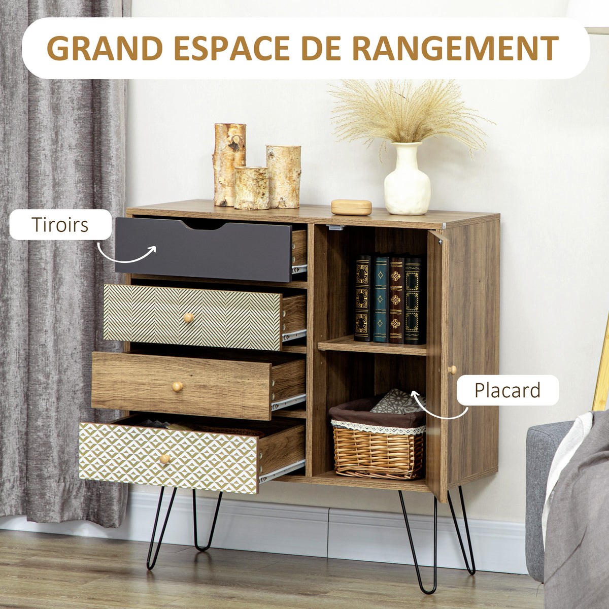 Meuble de rangement commode buffet 4 tiroirs 1 placard - pieds épingles à cheveux style bohème 79 x 39 x 86 cm marron-3