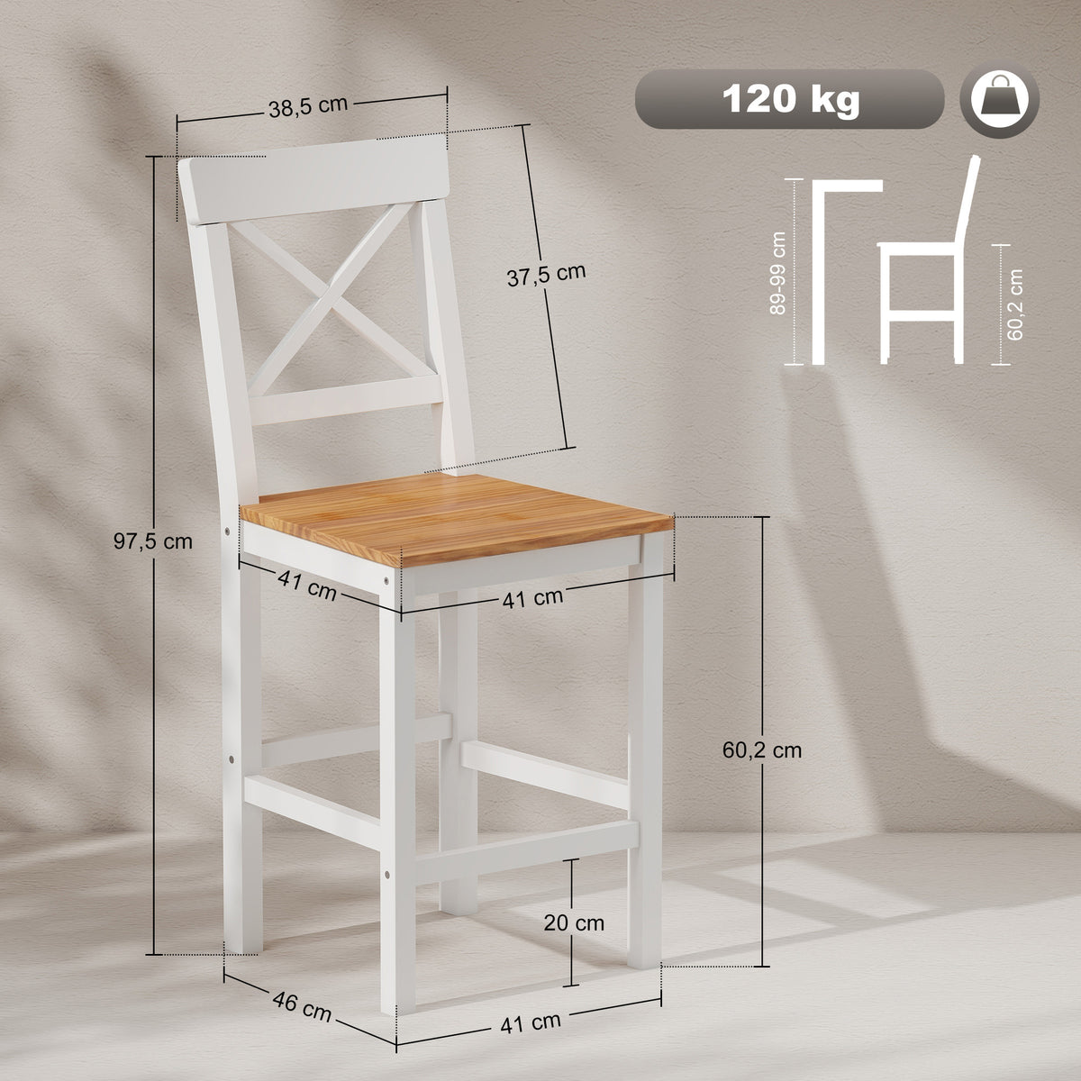 Lot de 2 tabourets de bar, chaises hautes campagne, dossier haut et repose-pieds, 41x46x97,5cm, blanc et bois naturel-2