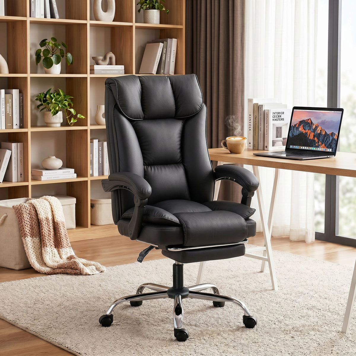 Chaise de bureau ergonomique, fauteuil de bureau inclinable avec repose-pieds, hauteur réglable, pivotante 360°, noir-1