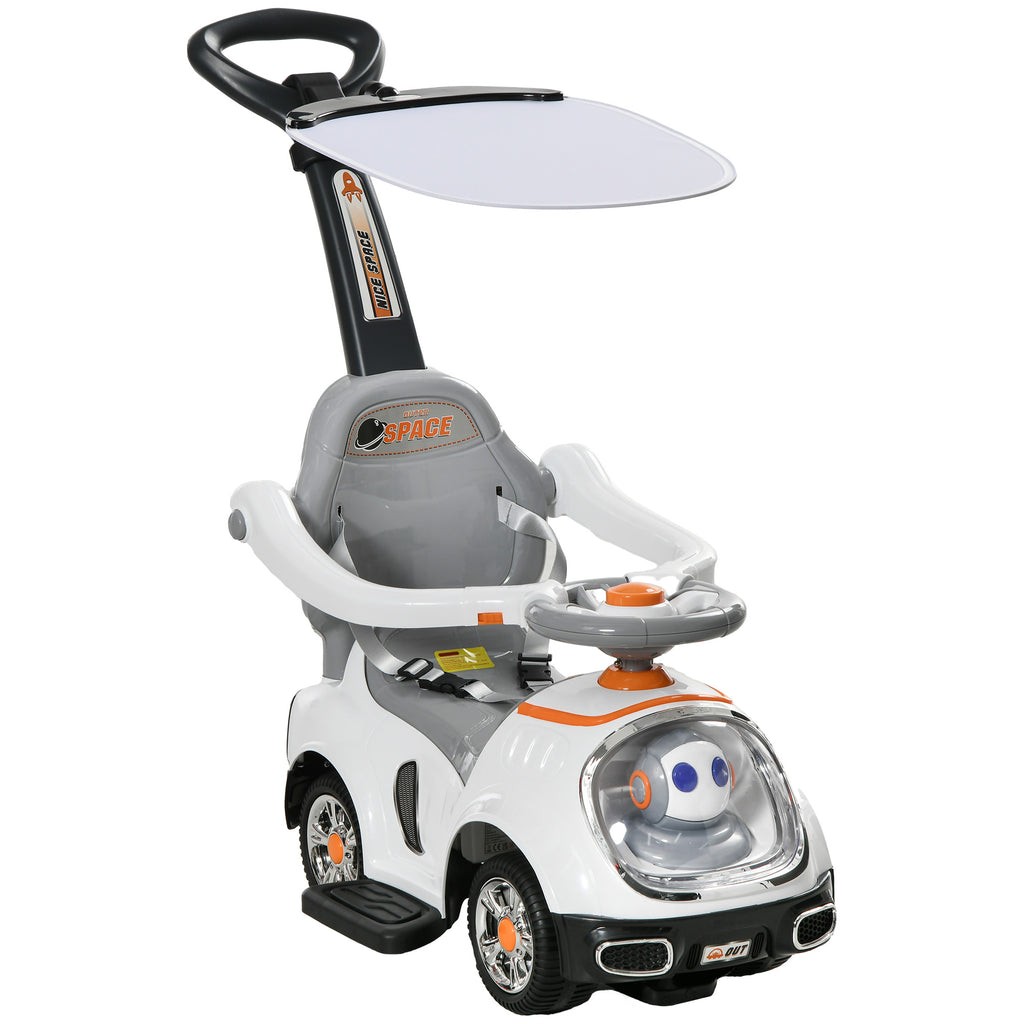 Porteur enfants, porteur bébé voiture à pousser 3 en 1 avec robot thème, pédales, poignée parentale, blanc-0