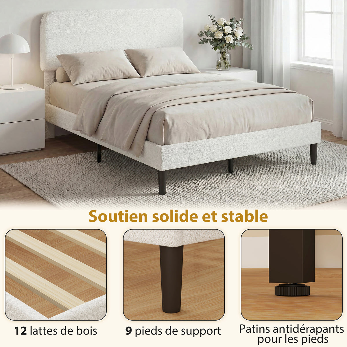 Cadre de Lit 140x190cm avec Sommier, Tête de Lit Réglable, Lit Double Rembourré en Velours Teddy, Lattes en Métal, Blanc-4