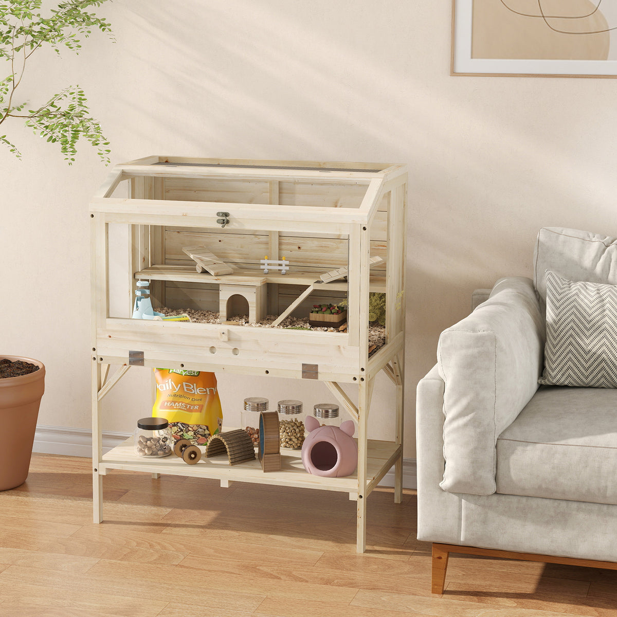 Cage hamster en bois, cage rongeur à 2 niveaux, étagère de rangement, couvercle ouvrant, 84 x 53 x 110 cm, bois naturel-1