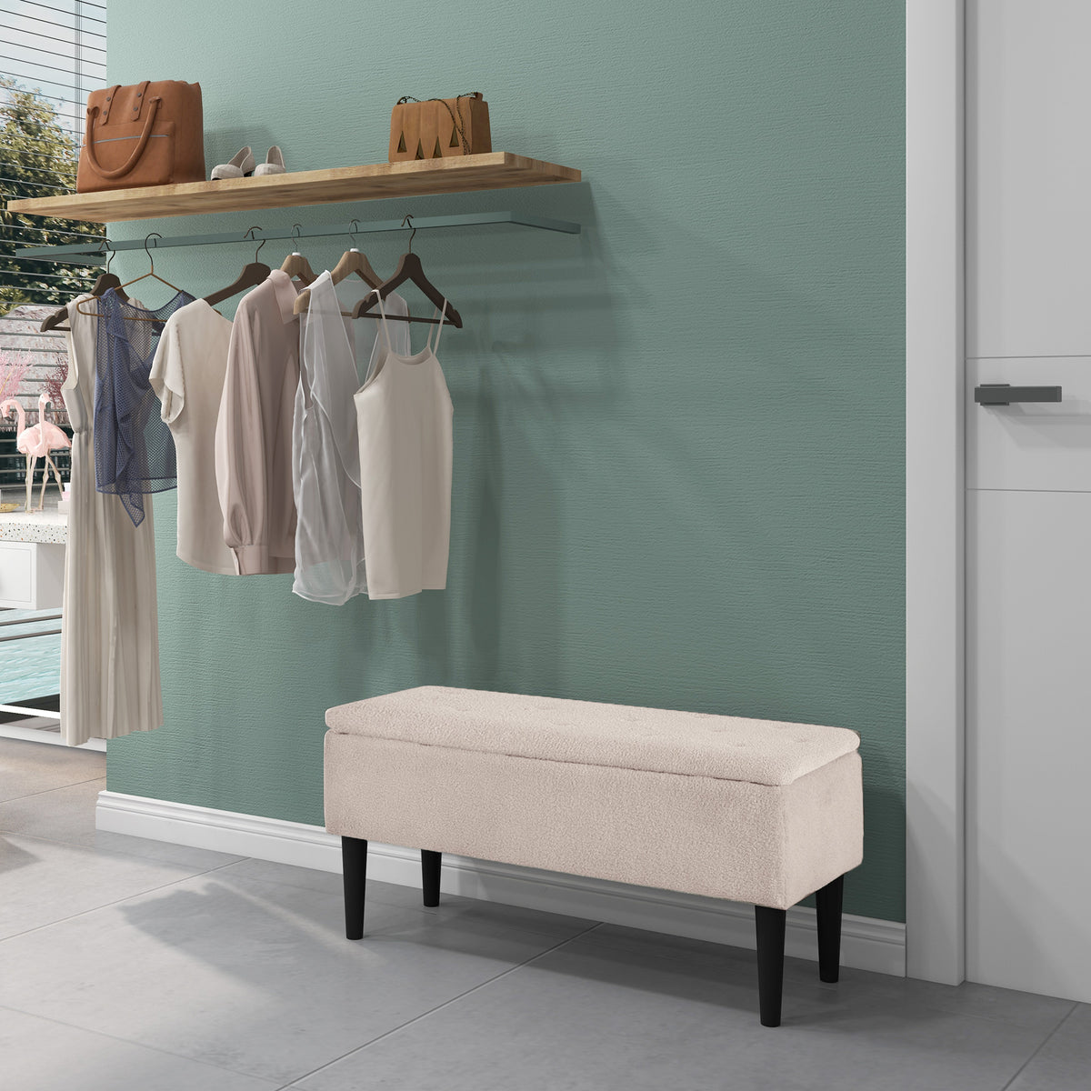 Banc de rangement coffre de rangement pieds en bois de caoutchouc 95 x 38 x 45 cm beige-9