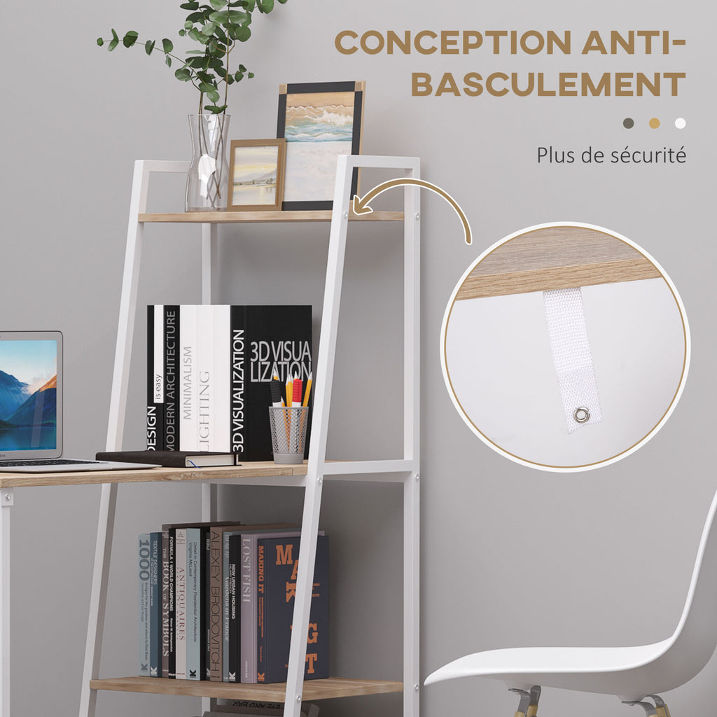 Bureau Pliable Rabattable - Bureau bibliothèque 2 en 1-4 étagères - Imitation Bois chêne Clair métal Blanc-6