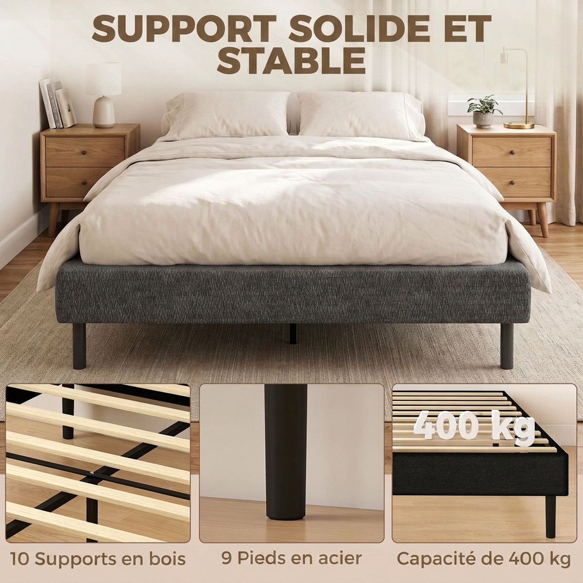 Sommier Tapissier 140x190 cm, Cadre de Lit avec Revêtement en Chenille, 10 Lattes Bois, 9 Pieds Stables, Gris-3