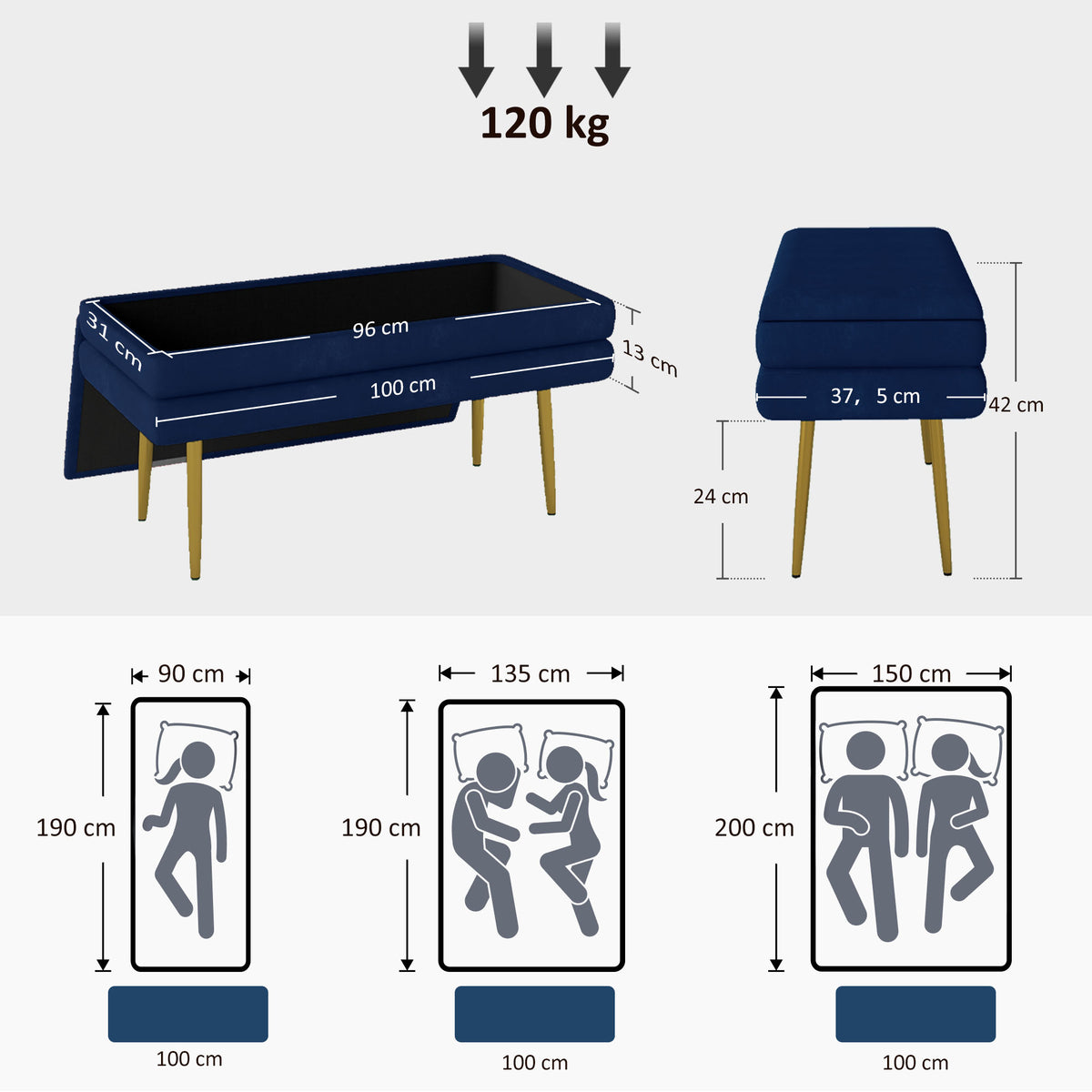 Banc banquette coffre de rangement 2 en 1 assise aspect velours et pieds acier - 100 x 37,5 x 42 cm bleu et doré-2