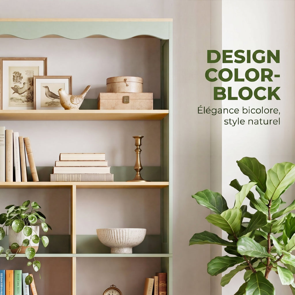 Bibliothèque, étagère de rangement à 6 niveaux avec 6 compartiments ouverts, 76 x 23,8 x 180 cm, bois naturel et vert-5