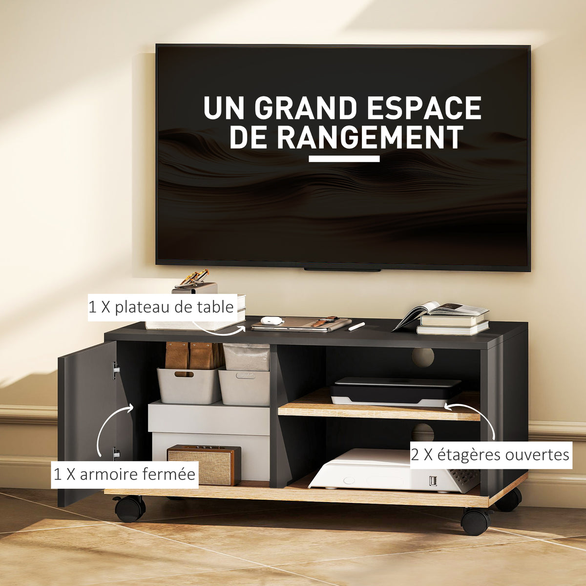 Meuble TV sur roulettes avec 2 Freins - 2 niches + Placard Porte 2 Passe-Fil - en bois Noir chêne Clair-3