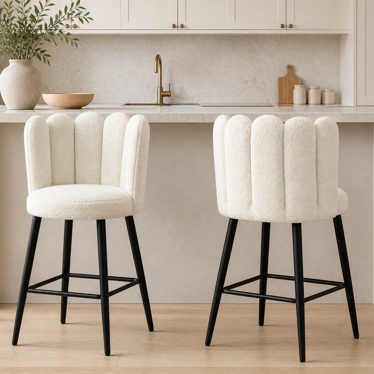 Lot de 2 chaises hautes tabourets de bar avec repose-pieds acier tissu effet laine bouclée hauteur 65 cm crème noir-1