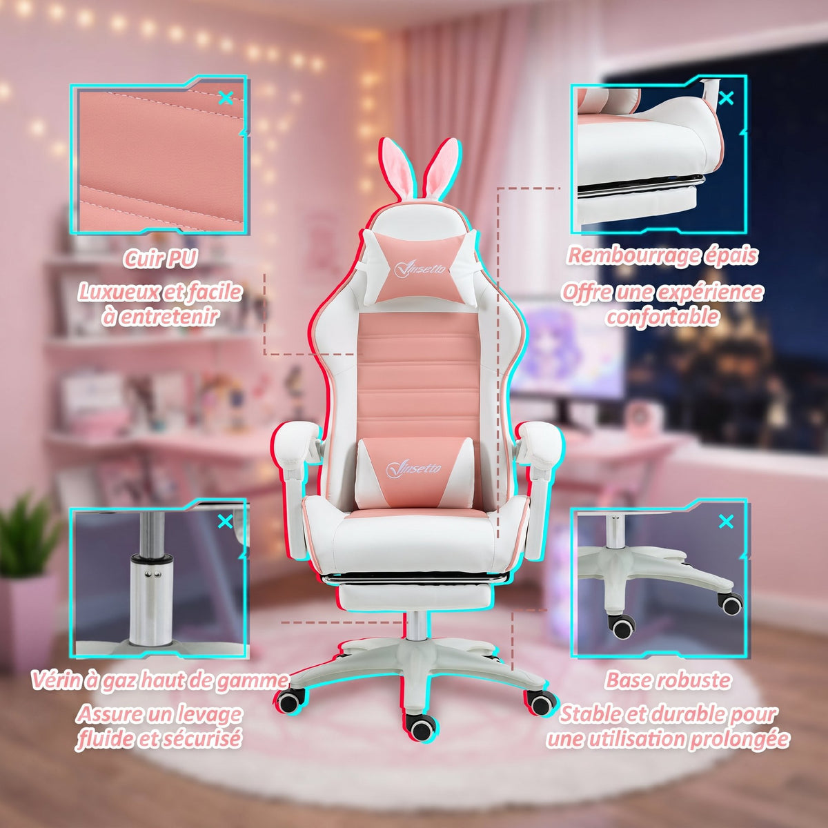 Chaise de gaming avec support lombaire, hauteur réglable, dossier inclinable, oreilles de lapin et appui-tête, rose-7