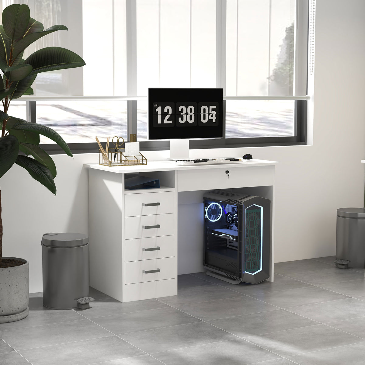 Bureau moderne avec 5 tiroirs, grand plateau, 1 compartiment ouvert, tiroir verrouillable, 110 x 50 x 76cm, blanc-5