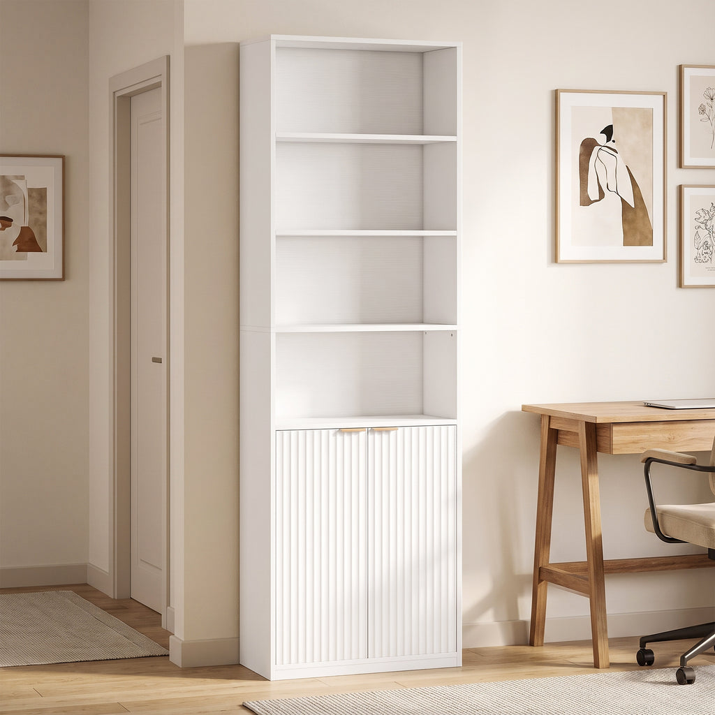 Bibliothèque à 6 Niveaux, Meuble de Rangement, 60 x 24 x 182 cm avec 4 Compartiments Ouverts et 2 Portes, Blanc-1
