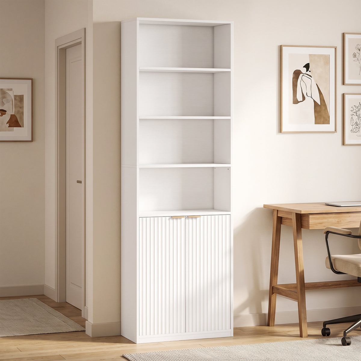 Bibliothèque à 6 Niveaux, Meuble de Rangement, 60 x 24 x 182 cm avec 4 Compartiments Ouverts et 2 Portes, Blanc-1