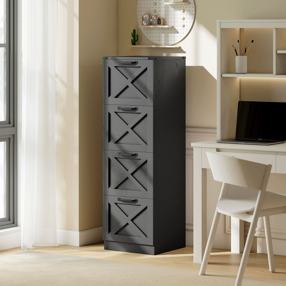 Caisson de Bureau avec 4 Tiroirs, Dossiers Suspendus pour Formats Lettre/A4, Style Rustique, 40x40x131cm, Noir-1