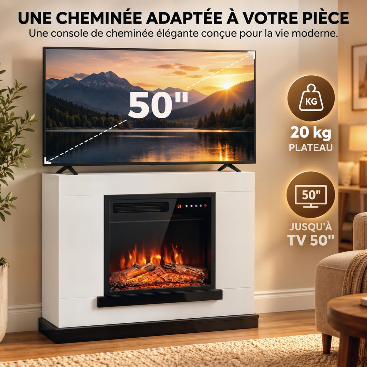 Cheminée Électrique Meuble TV Jusqu'à 50 Pouces Effet Flamme 3D, Chauffage d'Appoint 1800W 80x23x78,5cm Blanc-3