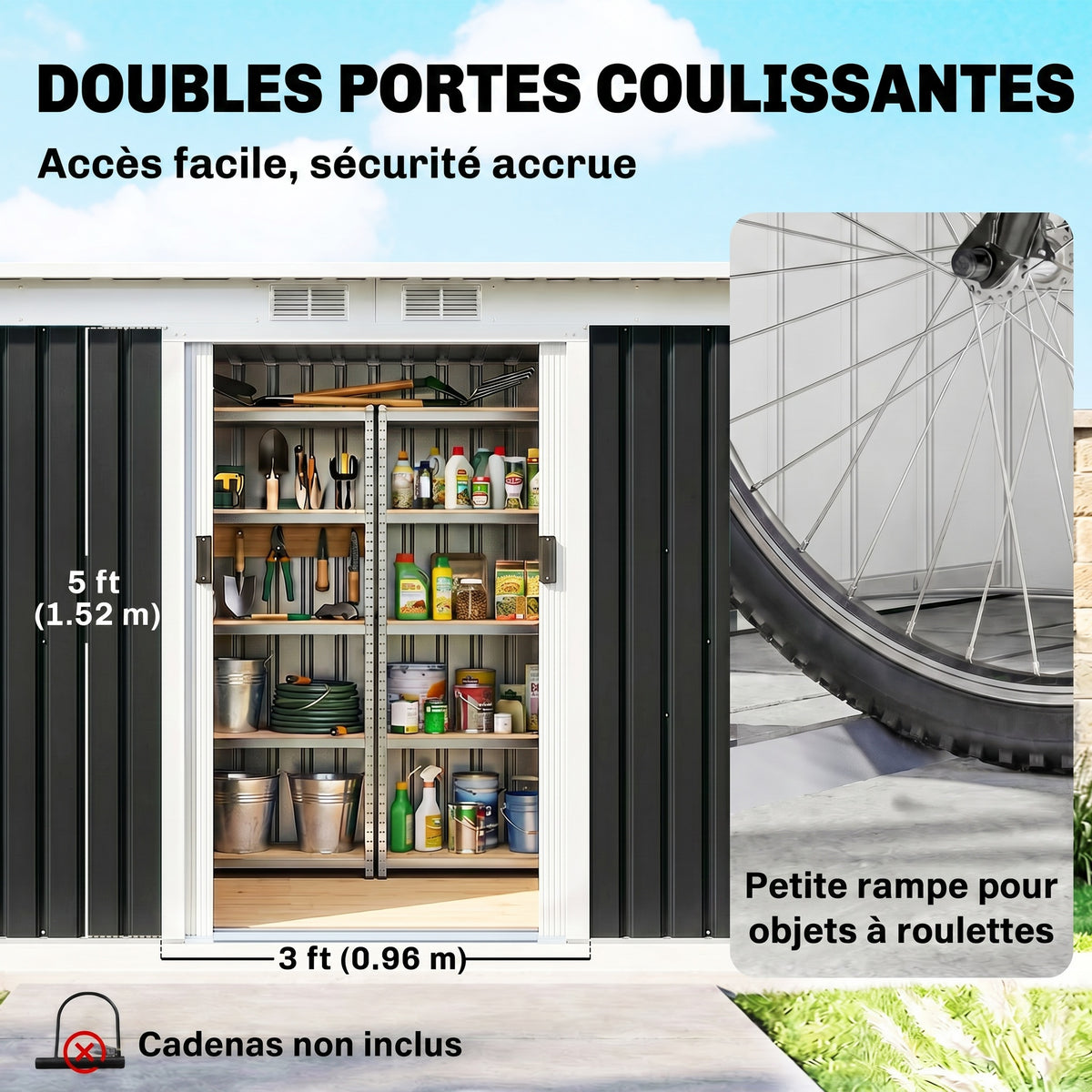 Abri de jardin en acier galvanisé XXL 3,6 m² avec kit de fondation 280 x 130 x 172 cm, cabane de jardin cabanon rangement outils avec portes coulissantes verrouillables aérations, noir-4