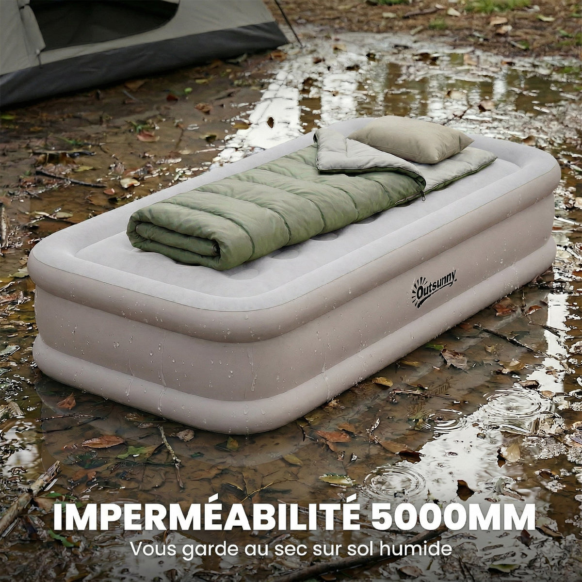 Matelas Gonflable, Pompe Électrique Intégrée, Surface Floqué , Imperméable 5000 mm, Sac Transport, 190x97x39cm, Kaki-7