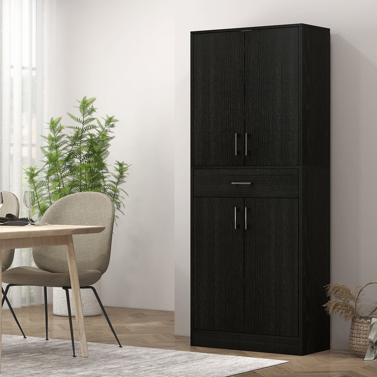 Buffet haut armoire de cuisine 4 portes 2 placards et 1 tiroir central hauteur 180 cm avec 2 étagères réglables noir-1