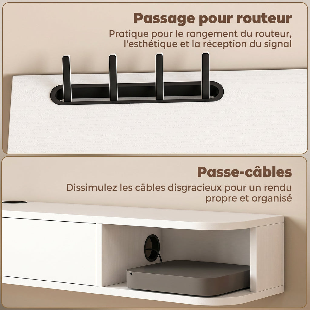 Meuble TV Suspendu, Meuble Télé pour Téléviseur jusqu'à 60 Pouces, Tiroir Rabattable, 2 Étagères, 140x24x16cm, Blanc-5