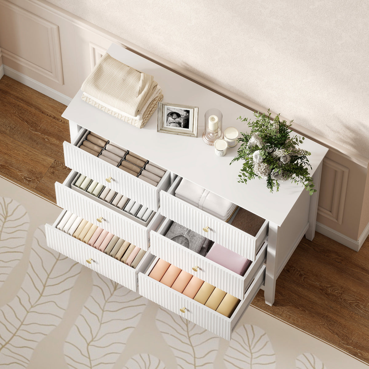 Commode à 6 Tiroirs, Meuble de Rangement, Chiffonnier avec Façades Rainurées, 100 x 40 x 78 cm, Blanc-7
