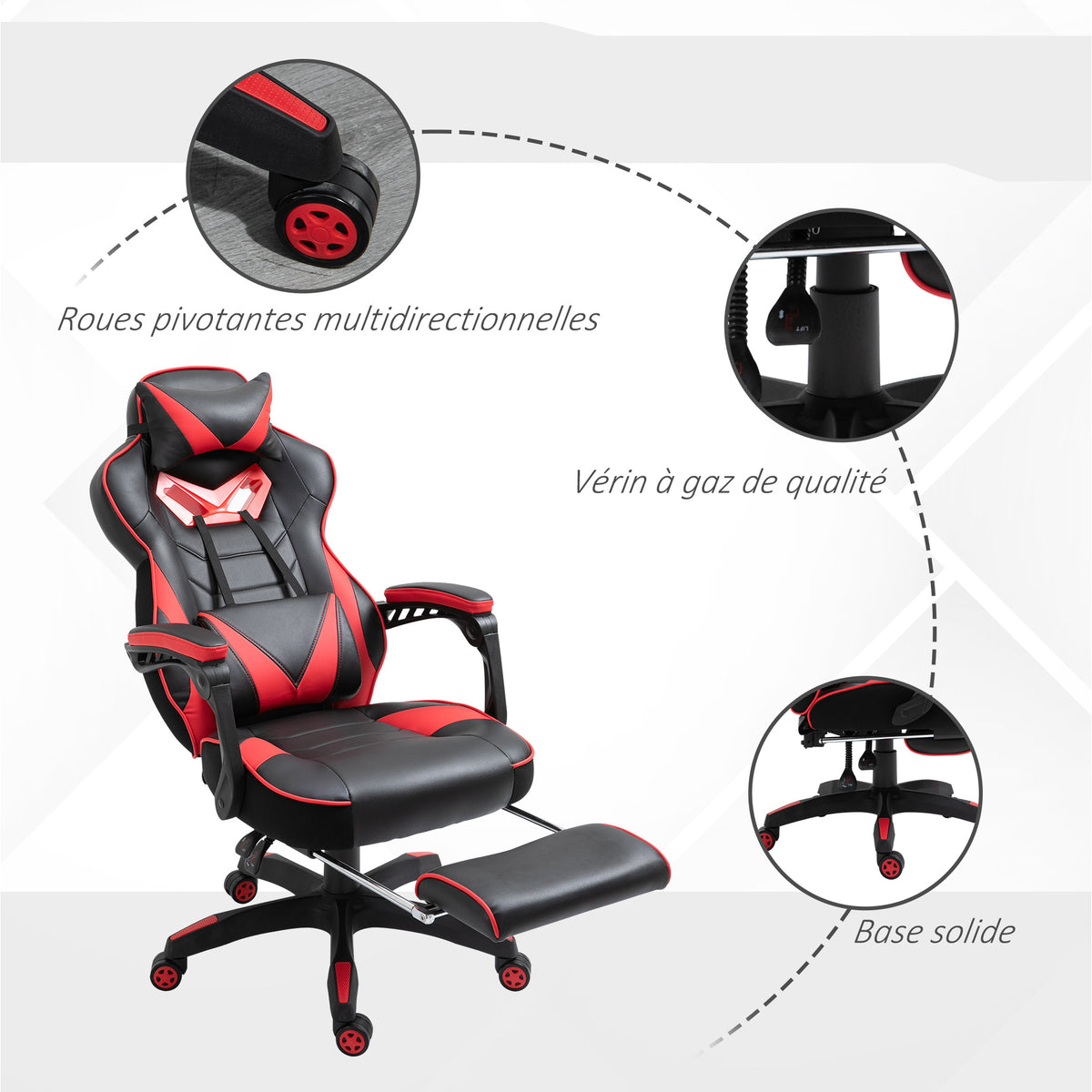Chaise gaming Ergonomique, Fauteuil de Bureau confortable avec Repose-Pied, Appuie-Tête et coussin lombaire, Hauteur Réglable, noir et rouge-6