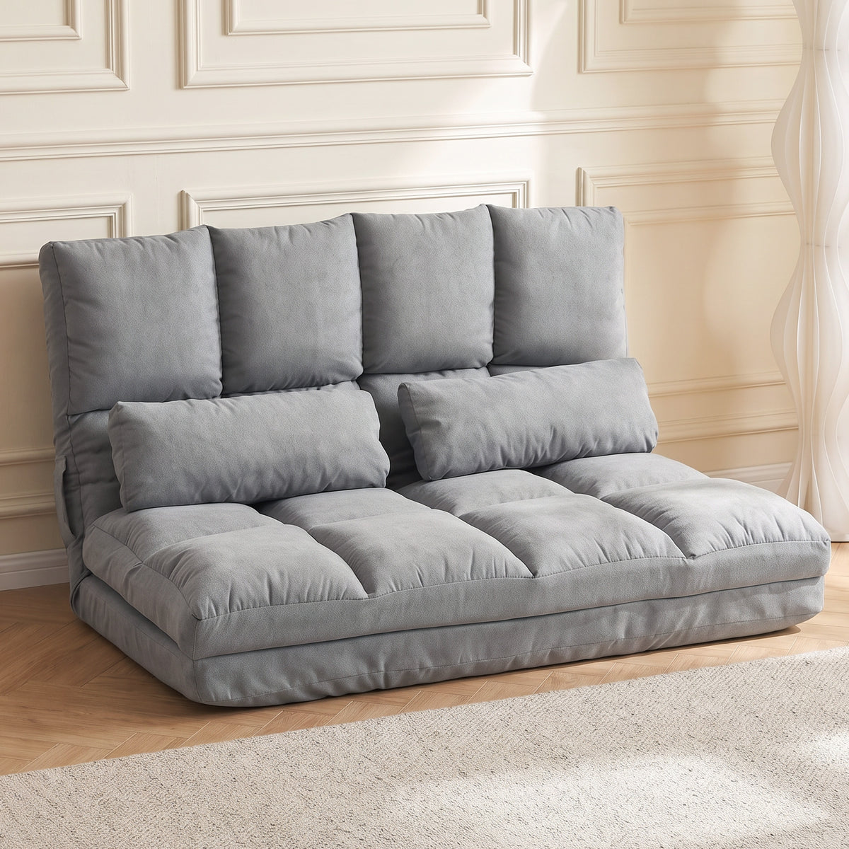 Chauffeuse 2 places canapé-lit convertible fauteuil de sol pliable dossier réglable 2 coussins inclus en polyester aspect suédé, pour salon, chambre et bureau, gris-1
