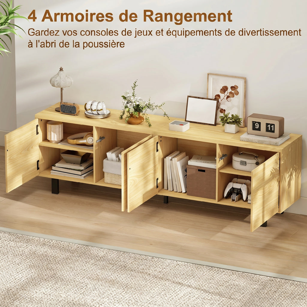 Meuble TV 180 cm, meuble télé pour 82 pouces avec 4 portes à ouverture par pression 180x35x55,5cm bois naturel-3