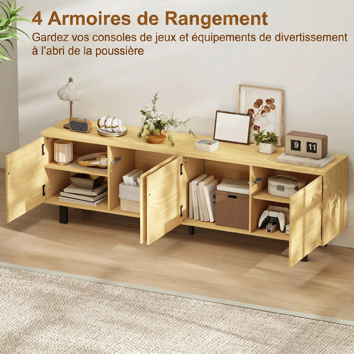 Meuble TV 180 cm, meuble télé pour 82 pouces avec 4 portes à ouverture par pression 180x35x55,5cm bois naturel-3