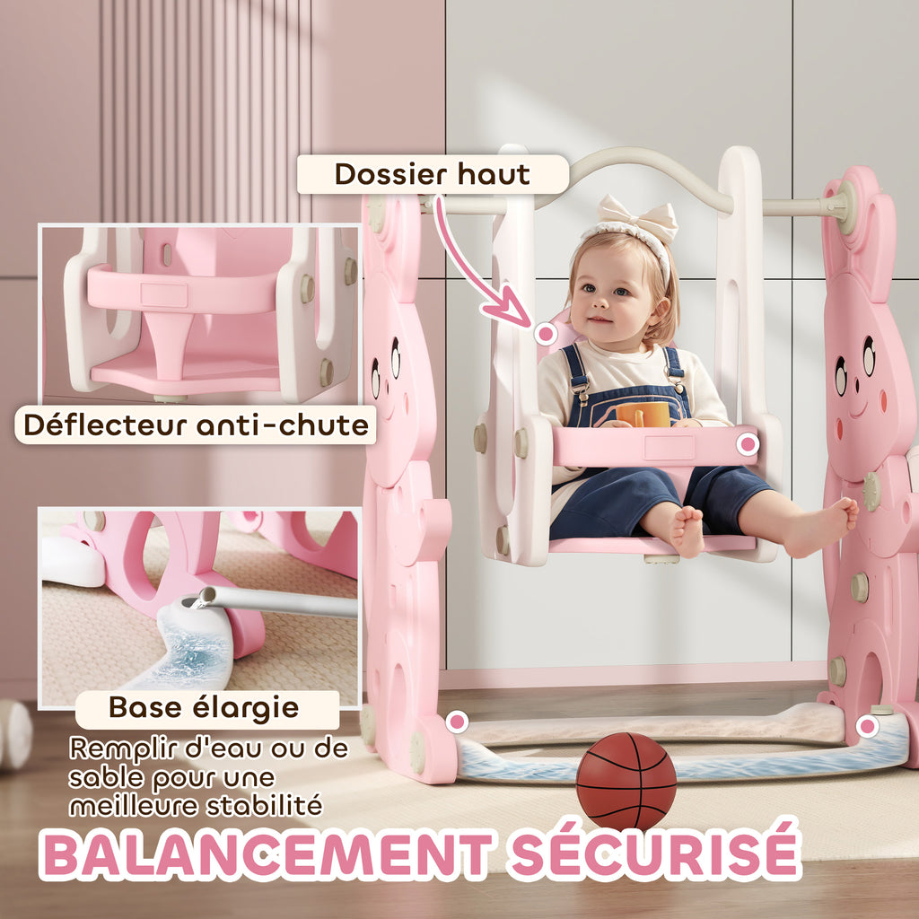 Toboggan et balançoire pour enfants 4 en 1 avec panier de basket, toboggan, balançoire, 147,5x160x107cm, rose-5