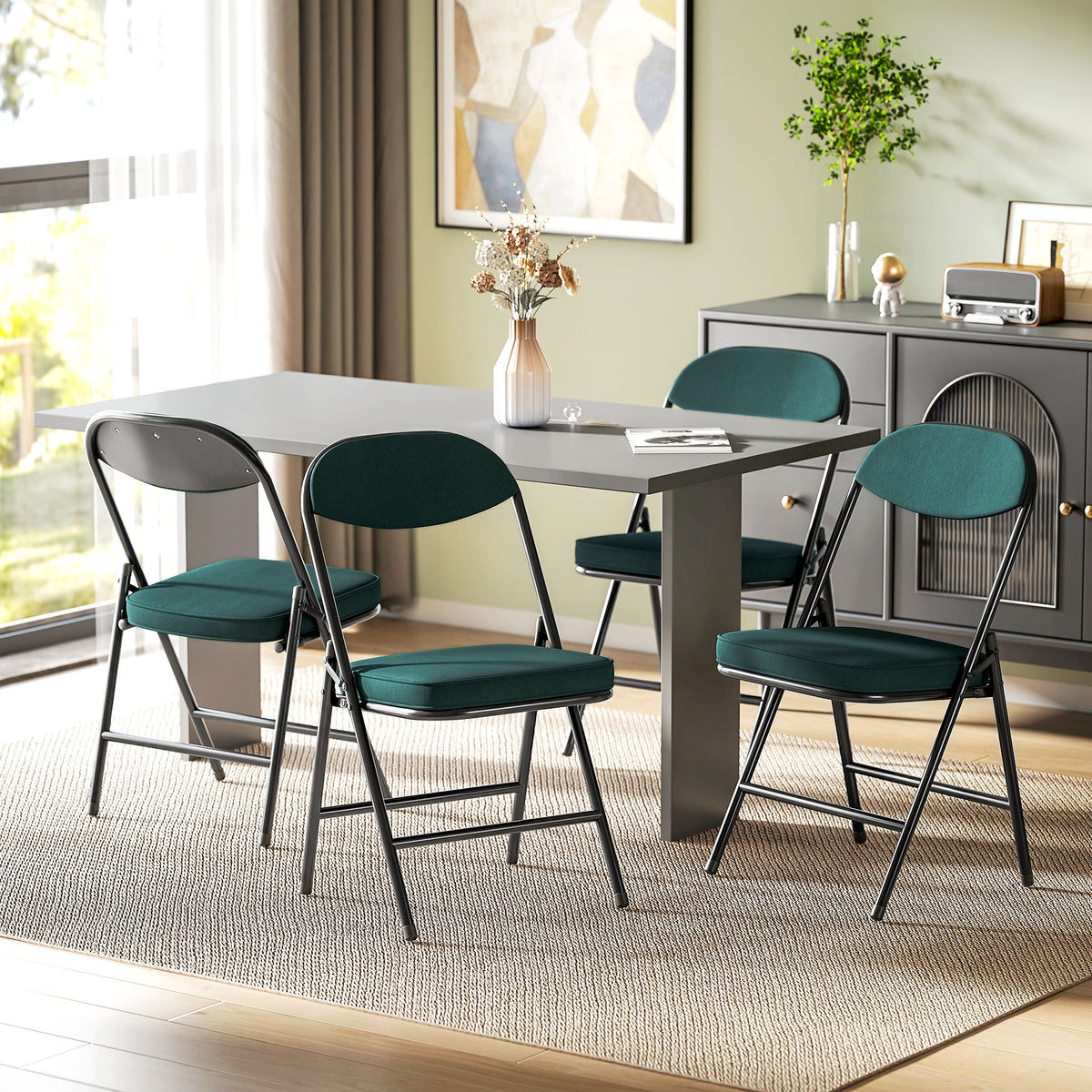 Lot de 4 chaises pliantes chaises de salle à manger portables avec assises et dossiers rembourrés en velours côtelé bleu-1