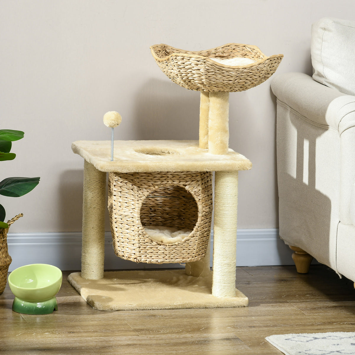 Arbre à chats griffoir sisal naturel 1 niche panier pompon peluche jacinthe d'eau 45 x 40 x 74 cm beige-9