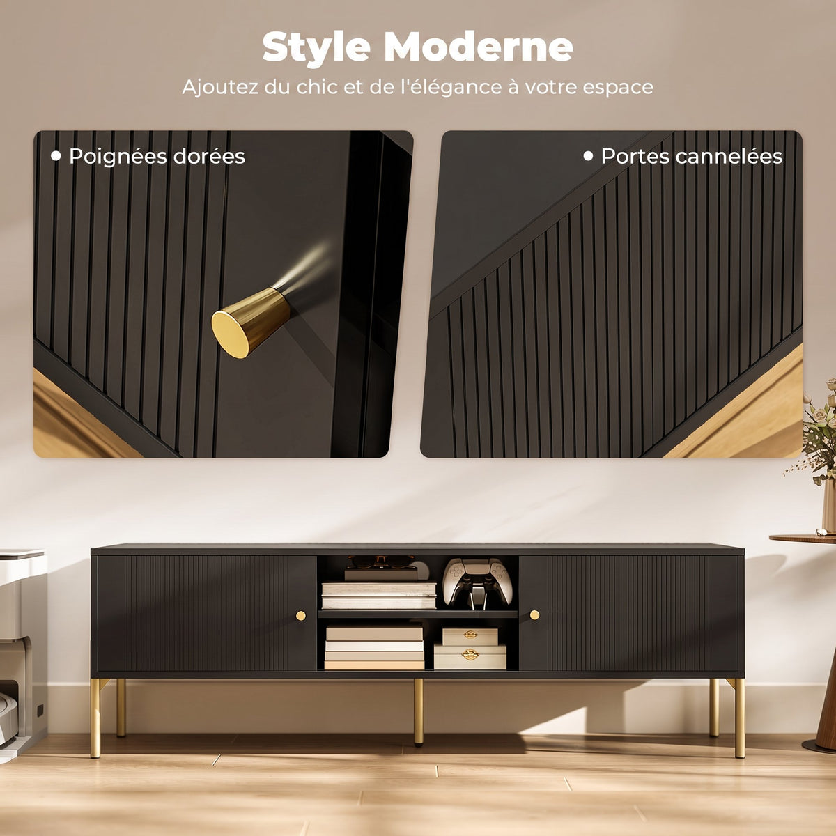 Meuble TV pour Télévision jusqu'à 65", Portes Cannelées, Compartiments Ouverts, Pieds Acier, 140 x 38 x 45,9 cm, Noir-3