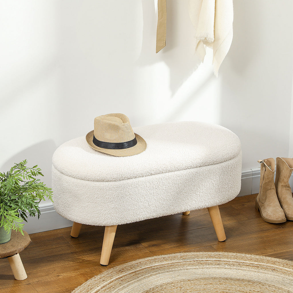 Banc de Rangement, Bout de Lit Rembourré en Peluche Teddy avec Couvercle et Pieds en Bois, 82 x 41 x 45 cm, Blanc-9