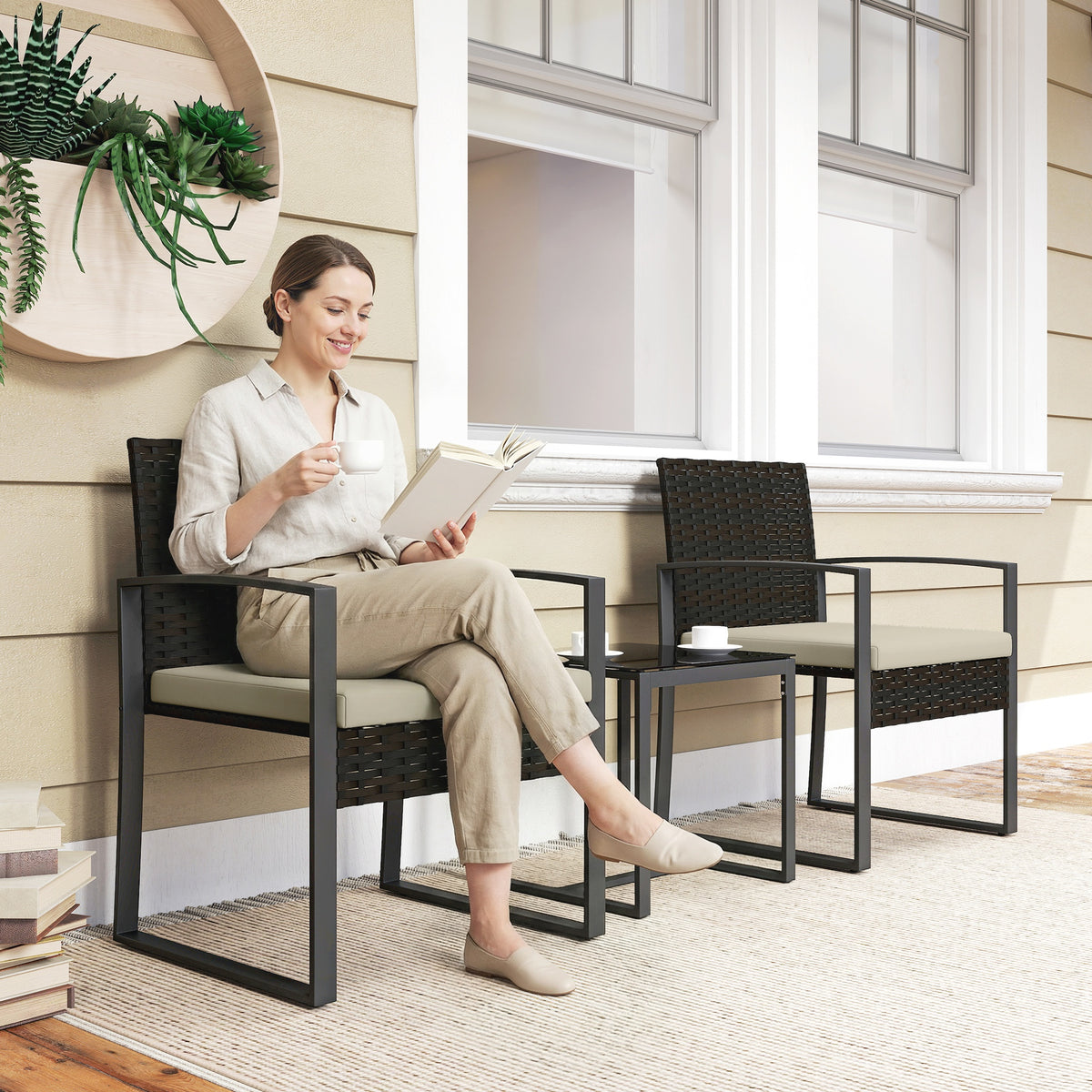 Salon de jardin extérieur en résine tressée 2 personnes, table de jardin avec 2 chaises, plateau en verre trempé, marron-8