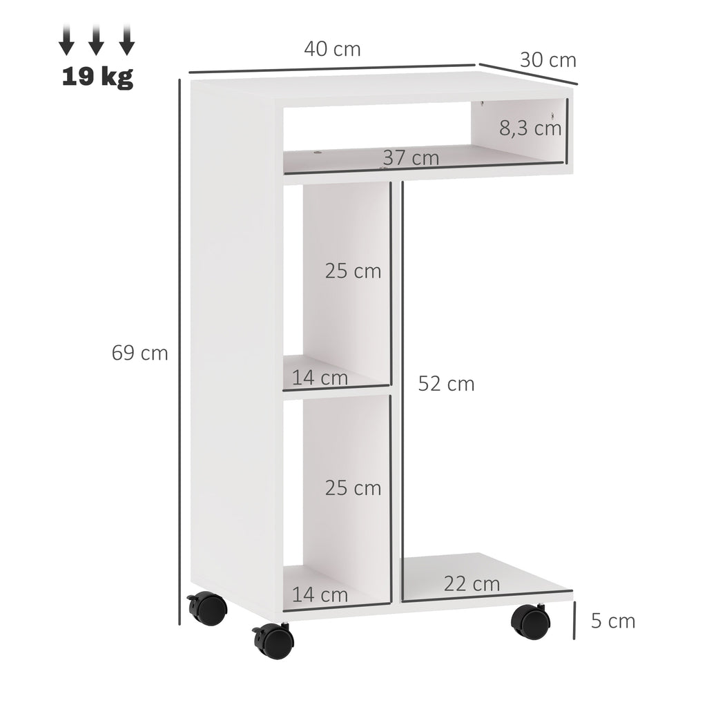 Table d'appoint en forme de C avec roulettes, avec 3 compartiments et 1 étagère ouverte, 40 x 30 x 69 cm, blanc-2
