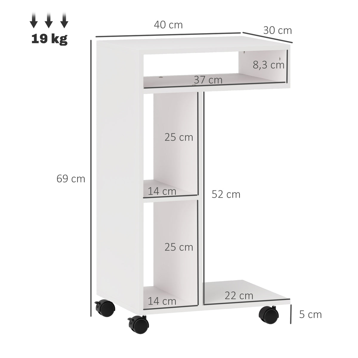 Table d'appoint en forme de C avec roulettes, avec 3 compartiments et 1 étagère ouverte, 40 x 30 x 69 cm, blanc-2