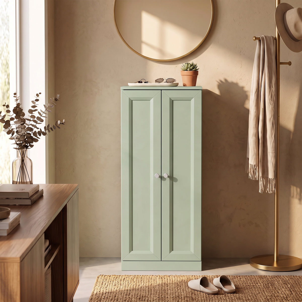 Meuble de Salle de Bain Étroit, Meuble de Rangement Sur Pied avec 2 Portes et 3 Étagères, pour Salon, Chambre, Vert-8