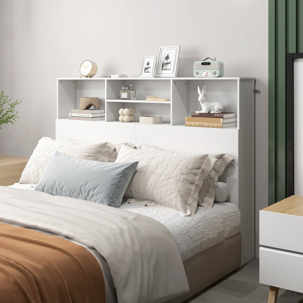 Tête de lit sur pied avec rangements, accessoire de lit 4 compartiments ouverts, 140 x 19 x 103,5 cm, blanc-6